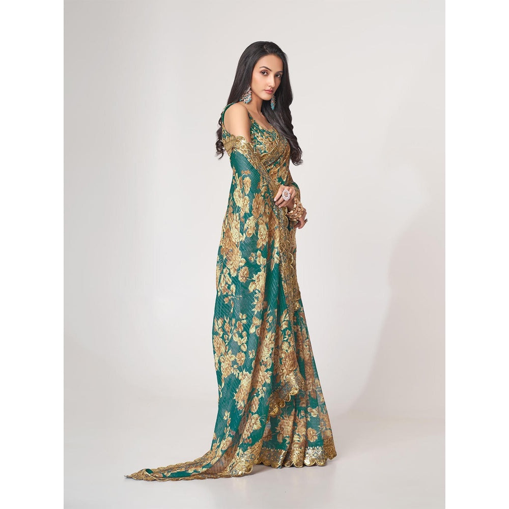 Odette Teal Printed Organza Saree for Women with Unstitched Blouse