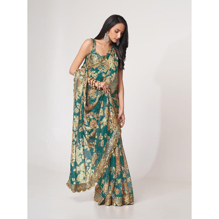 Odette Teal Printed Organza Saree for Women with Unstitched Blouse