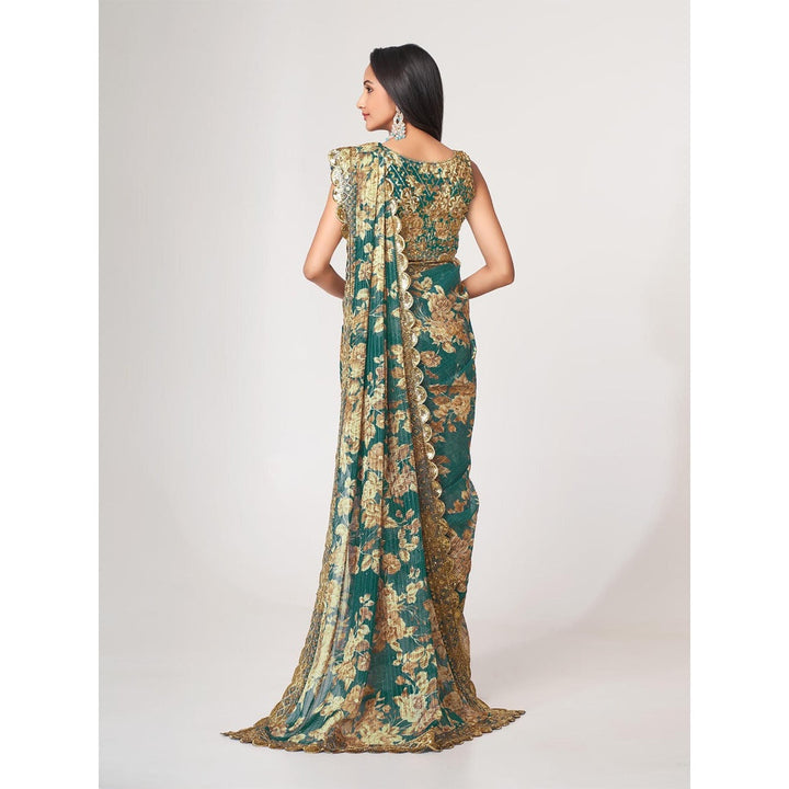 Odette Teal Printed Organza Saree for Women with Unstitched Blouse