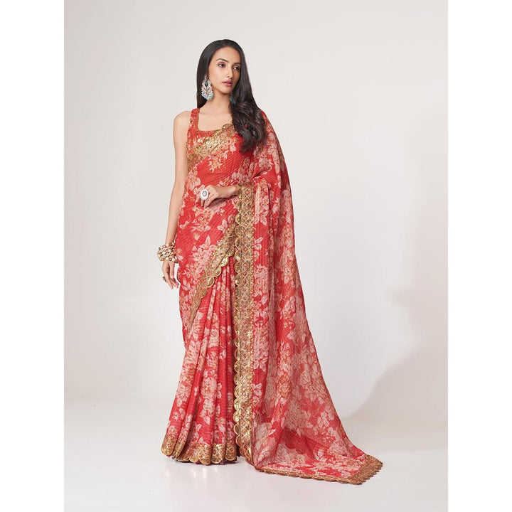 Odette Red Printed Organza Saree for Women with Unstitched Blouse