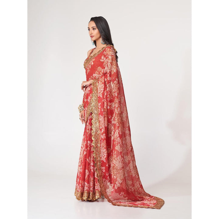 Odette Red Printed Organza Saree for Women with Unstitched Blouse