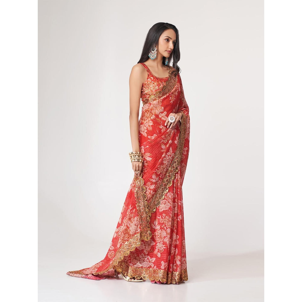 Odette Red Printed Organza Saree for Women with Unstitched Blouse