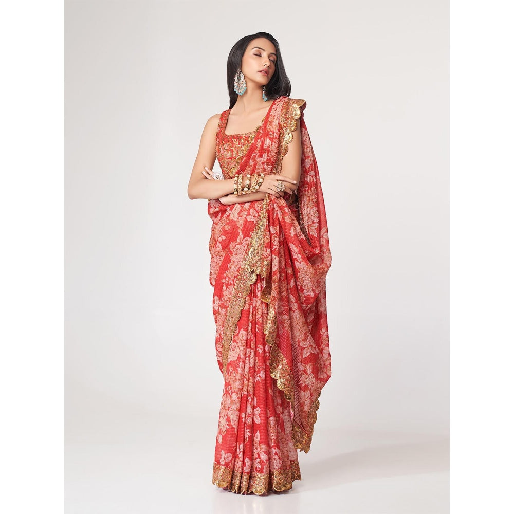 Odette Red Printed Organza Saree for Women with Unstitched Blouse