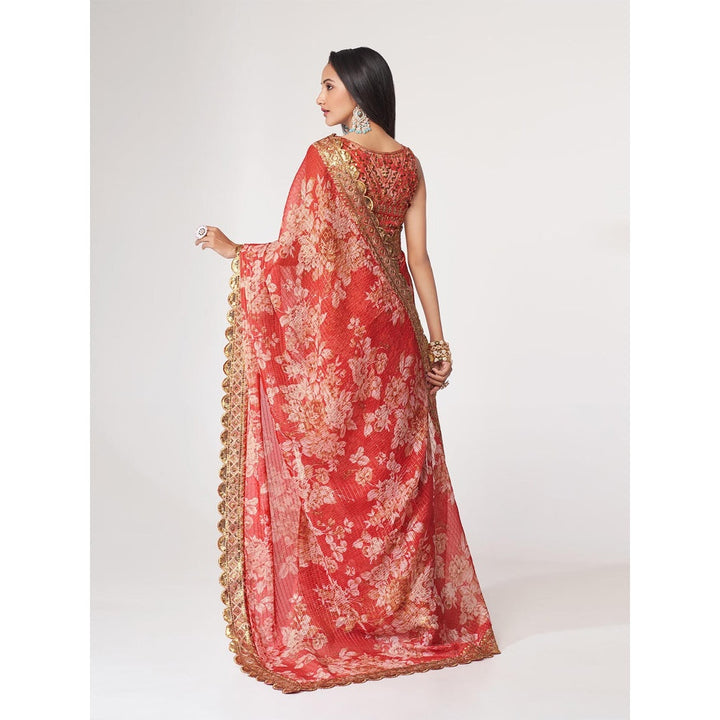 Odette Red Printed Organza Saree for Women with Unstitched Blouse