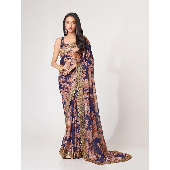 Odette Purple Printed Organza Saree for Women with Unstitched Blouse