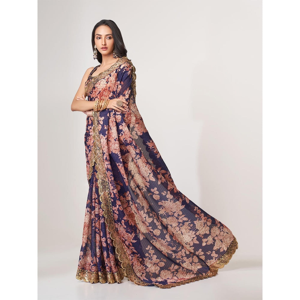 Odette Purple Printed Organza Saree for Women with Unstitched Blouse