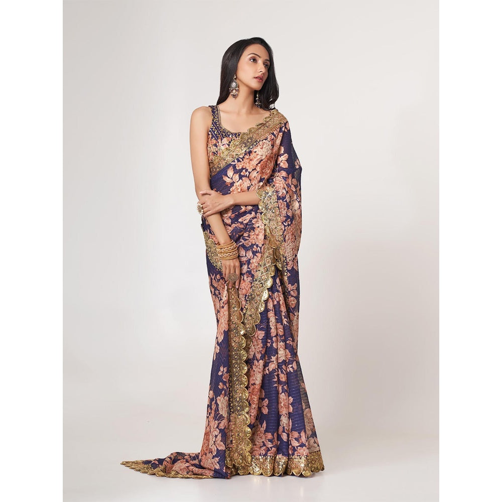 Odette Purple Printed Organza Saree for Women with Unstitched Blouse