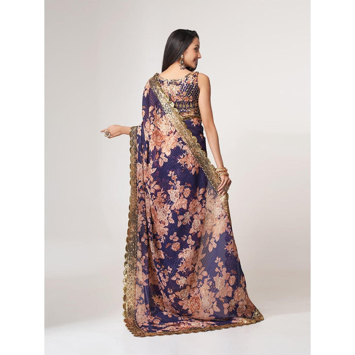 Odette Purple Printed Organza Saree for Women with Unstitched Blouse