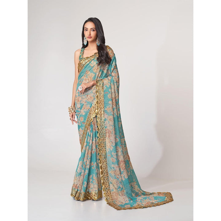 Odette Blue Printed Organza Saree for Women with Unstitched Blouse