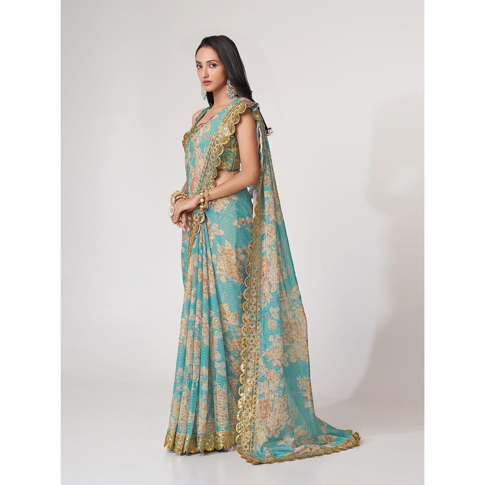 Odette Blue Printed Organza Saree for Women with Unstitched Blouse