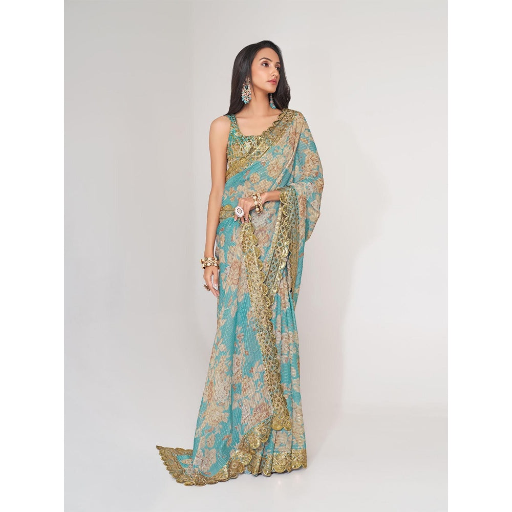 Odette Blue Printed Organza Saree for Women with Unstitched Blouse