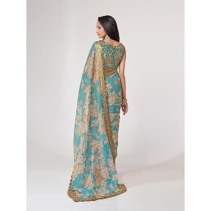 Odette Blue Printed Organza Saree for Women with Unstitched Blouse