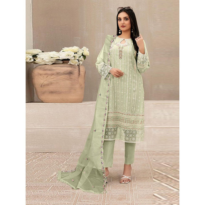 Odette Green Georgette Embroidered Semi Stitched Kurta with Pant and Dupatta (Set of 3)