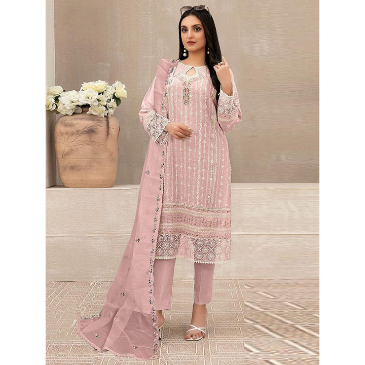 Odette Pink Georgette Embroidered Semi Stitched Kurta with Pant and Dupatta (Set of 3)