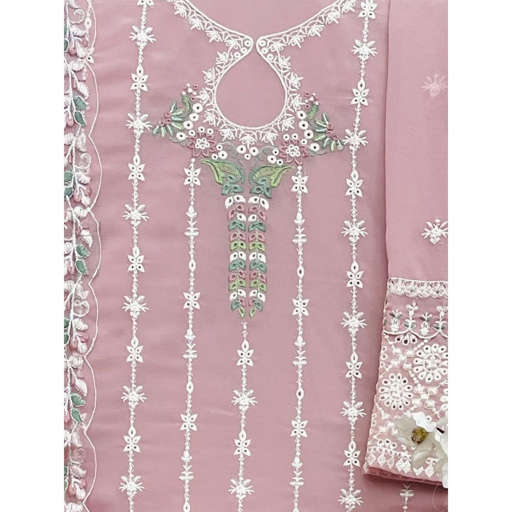 Odette Pink Georgette Embroidered Semi Stitched Kurta with Pant and Dupatta (Set of 3)