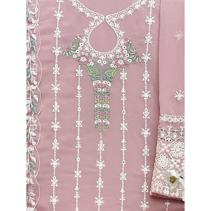 Odette Pink Georgette Embroidered Semi Stitched Kurta with Pant and Dupatta (Set of 3)