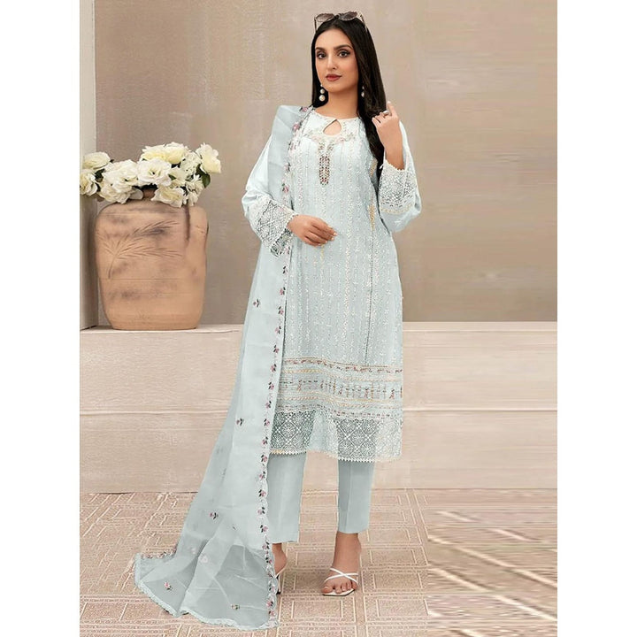 Odette Blue Georgette Embroidered Semi Stitched Kurta with Pant and Dupatta (Set of 3)