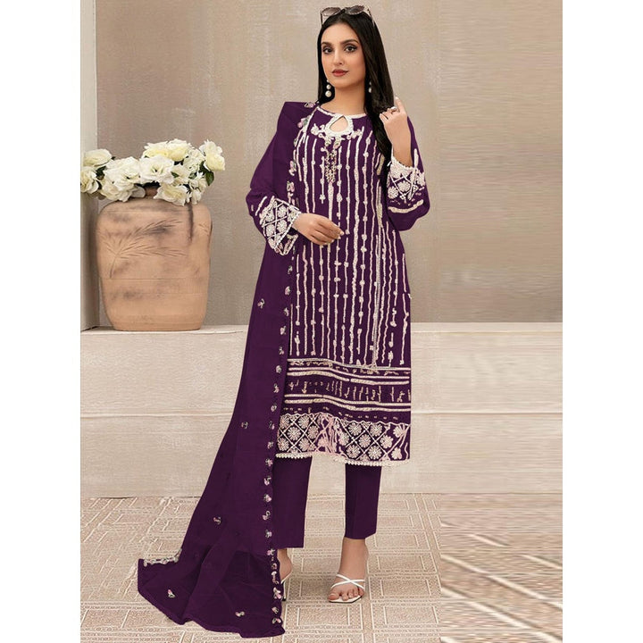 Odette Purple Georgette Embroidered Semi Stitched Kurta with Pant and Dupatta (Set of 3)