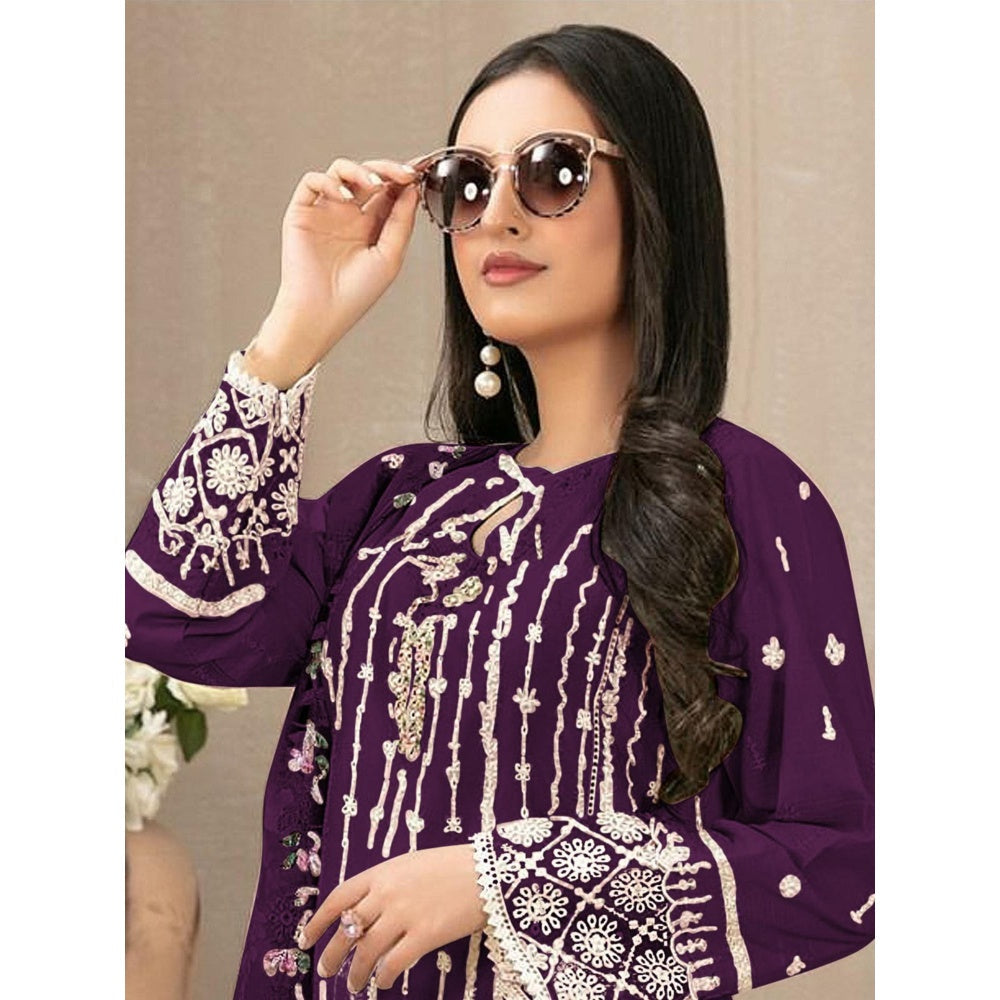 Odette Purple Georgette Embroidered Semi Stitched Kurta with Pant and Dupatta (Set of 3)