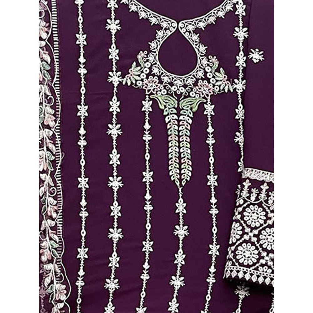 Odette Purple Georgette Embroidered Semi Stitched Kurta with Pant and Dupatta (Set of 3)