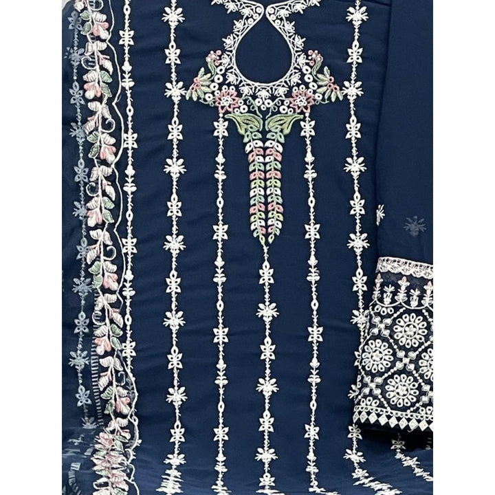 Odette Teal Georgette Embroidered Semi Stitched Kurta with Pant and Dupatta (Set of 3)