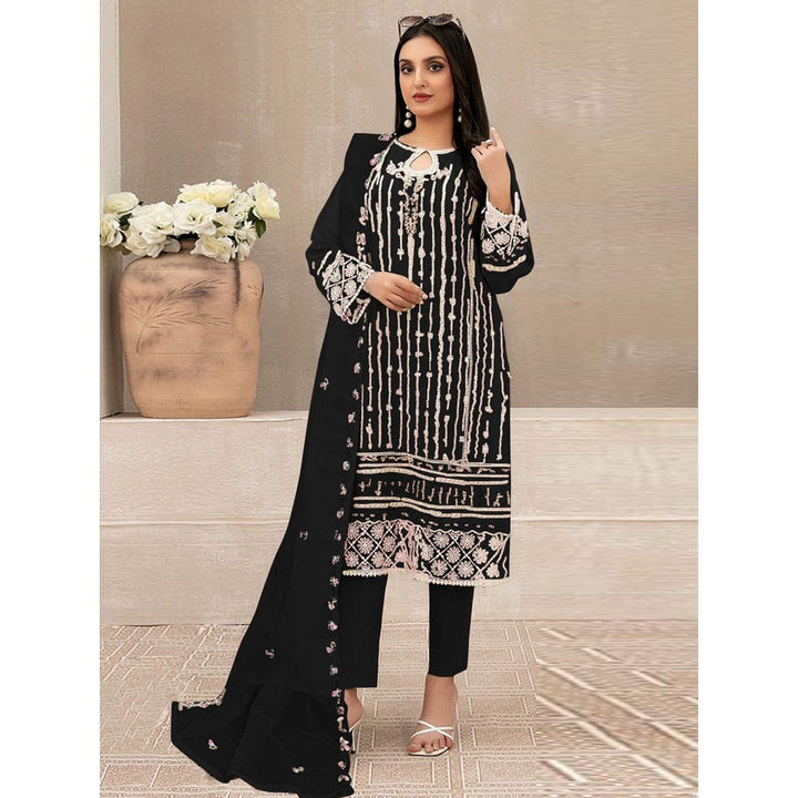 Odette Black Georgette Embroidered Semi Stitched Kurta with Pant and Dupatta (Set of 3)