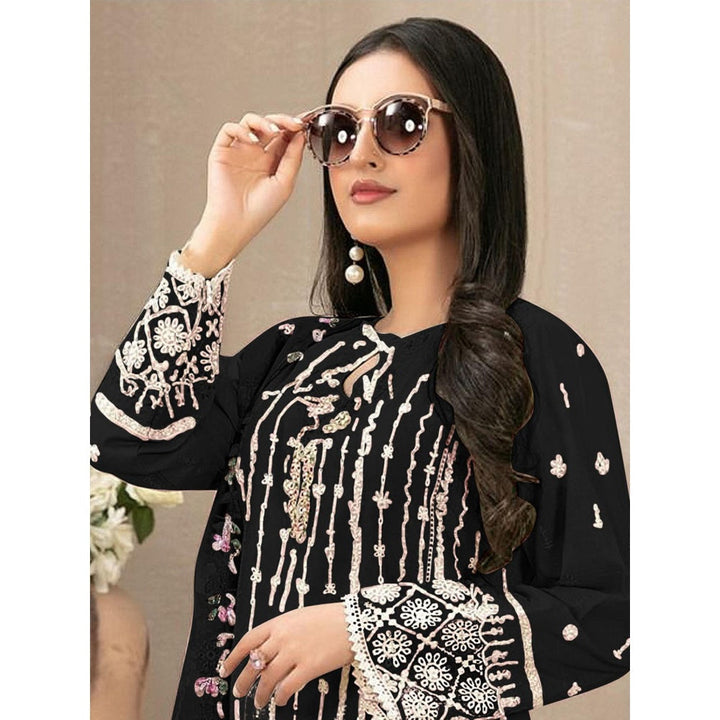 Odette Black Georgette Embroidered Semi Stitched Kurta with Pant and Dupatta (Set of 3)