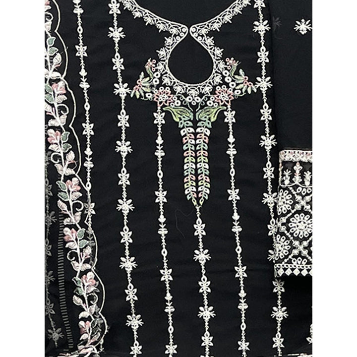 Odette Black Georgette Embroidered Semi Stitched Kurta with Pant and Dupatta (Set of 3)