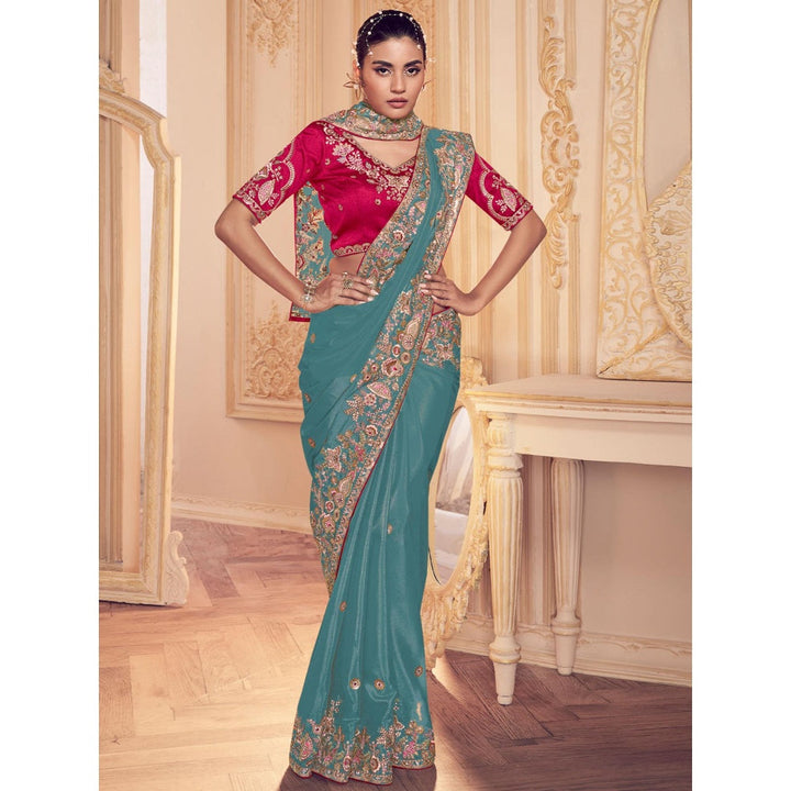 Odette Blue Georgette Embroidered Saree with Unstitched Blouse