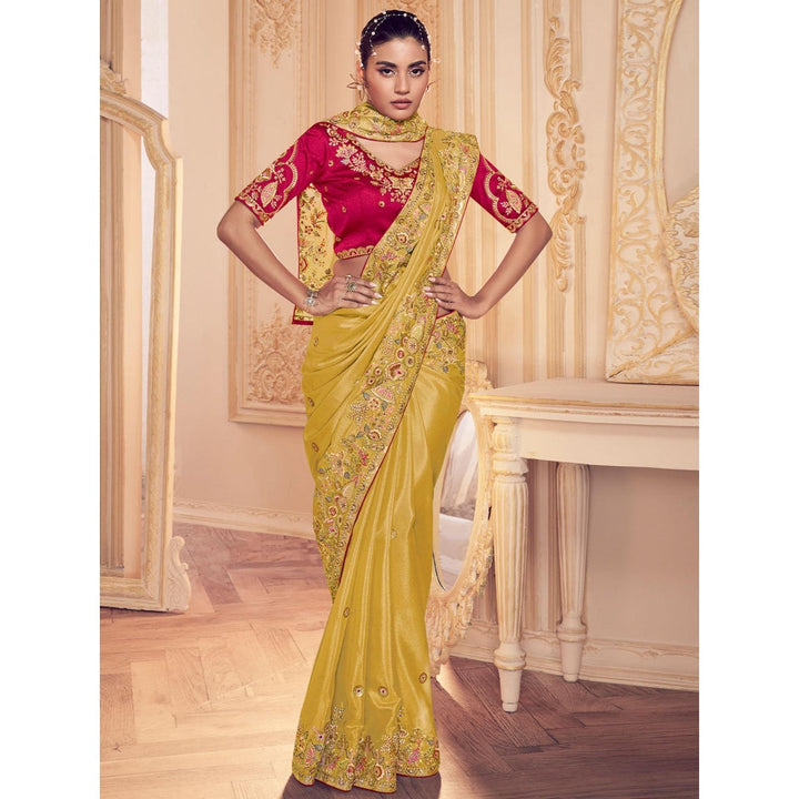 Odette Yellow Georgette Embroidered Saree with Unstitched Blouse