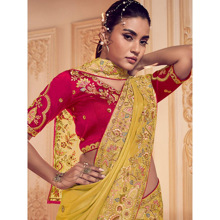 Odette Yellow Georgette Embroidered Saree with Unstitched Blouse