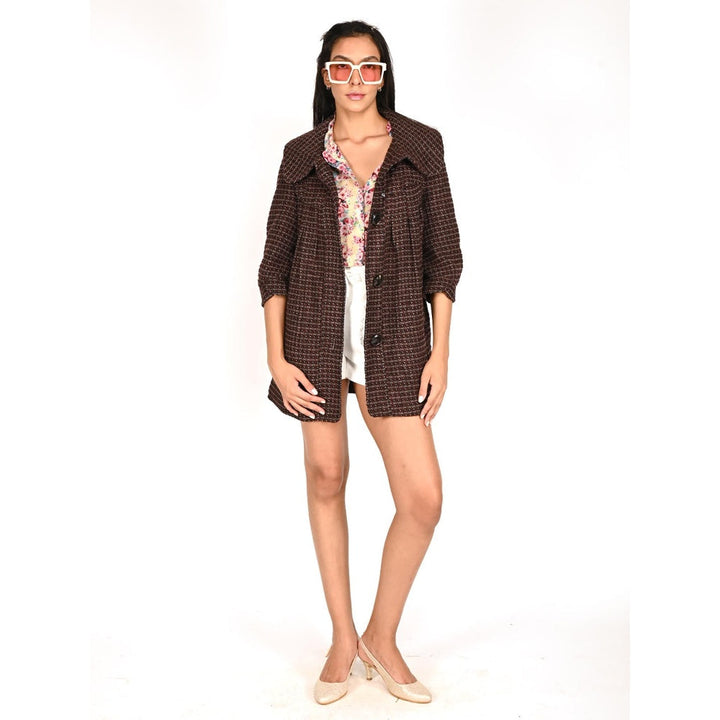 Odette Maroon and Black Tweed Trapeze Jacket for Women