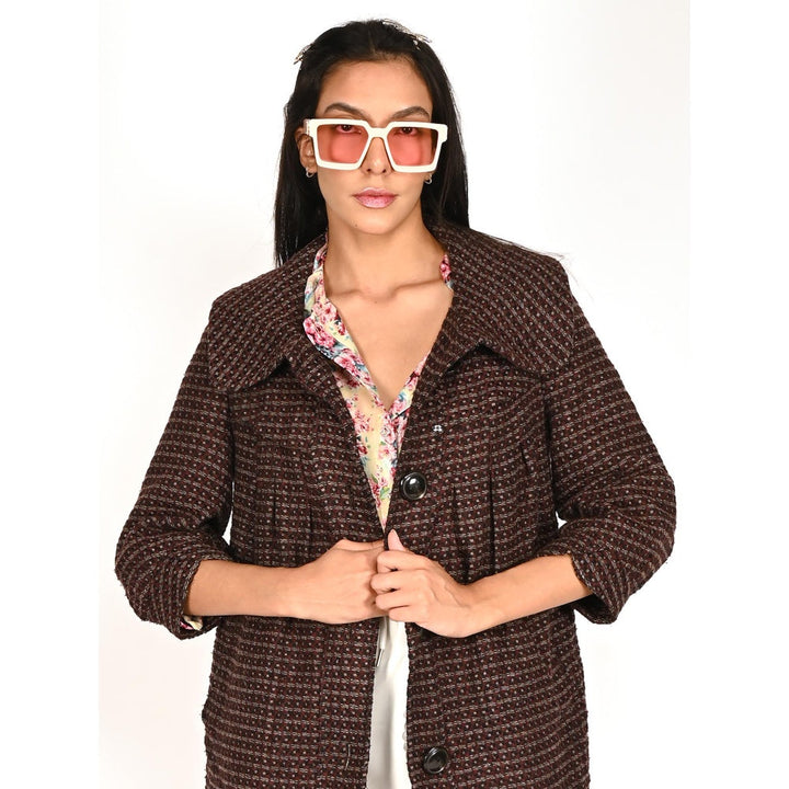 Odette Maroon and Black Tweed Trapeze Jacket for Women