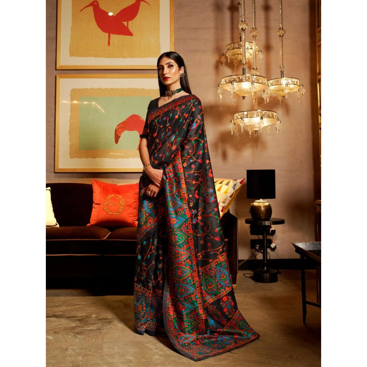 Odette Black Floral Printed Silk Blend Printed Saree with Unstitched Blouse for Women