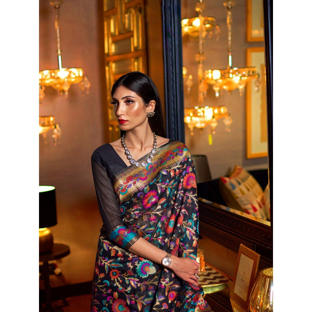 Odette Black Floral Printed Silk Blend Printed Saree with Unstitched Blouse for Women