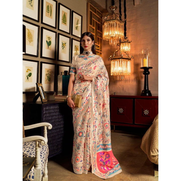 Odette Off White Floral Printed Silk Blend Printed Saree with Unstitched Blouse for Women