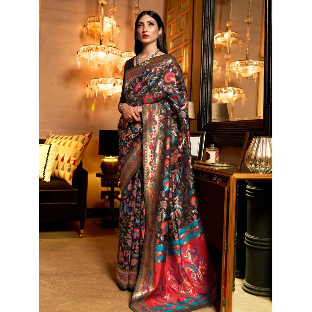 Odette Black Floral Printed Silk Blend Printed Saree with Unstitched Blouse for Women