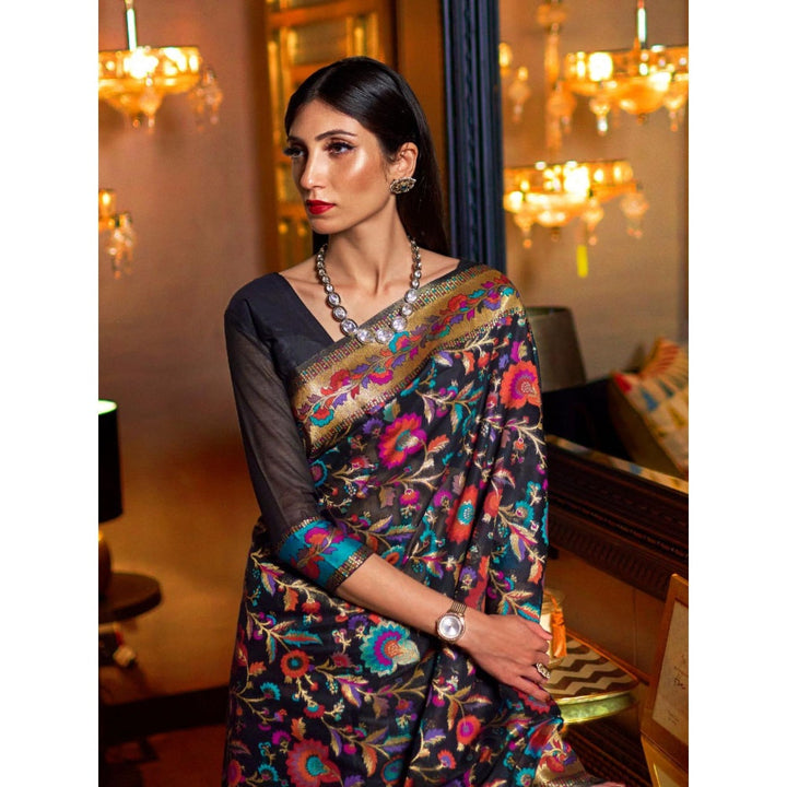 Odette Black Floral Printed Silk Blend Printed Saree with Unstitched Blouse for Women