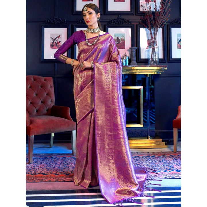 Odette Purple Woven Design Silk Blend Handloom Saree with Unstitched Blouse for Women