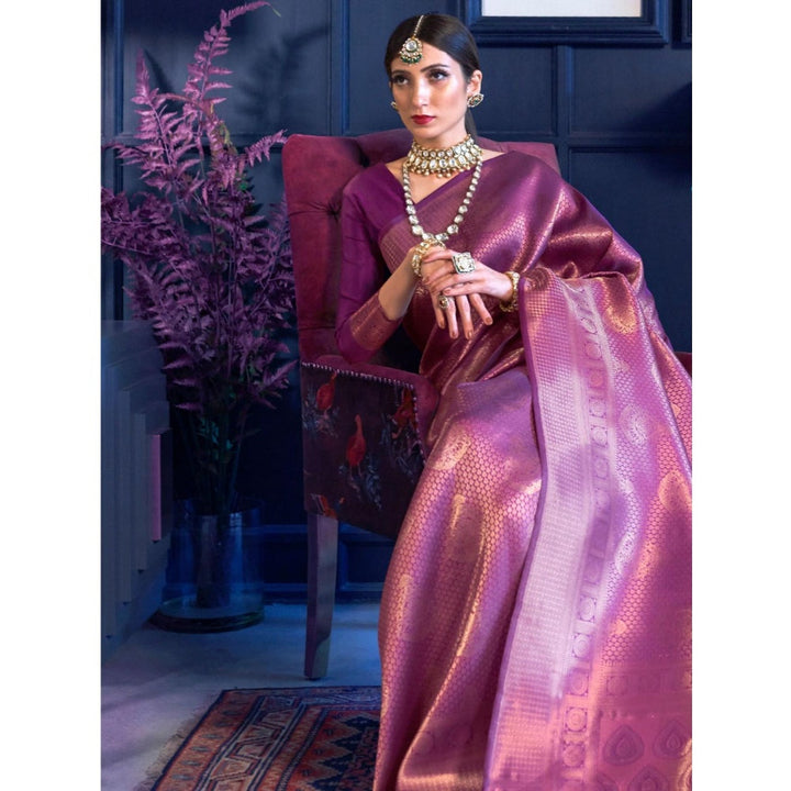 Odette Purple Woven Design Silk Blend Handloom Saree with Unstitched Blouse for Women