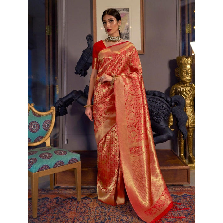 Odette Red Woven Design Silk Blend Handloom Saree with Unstitched Blouse for Women