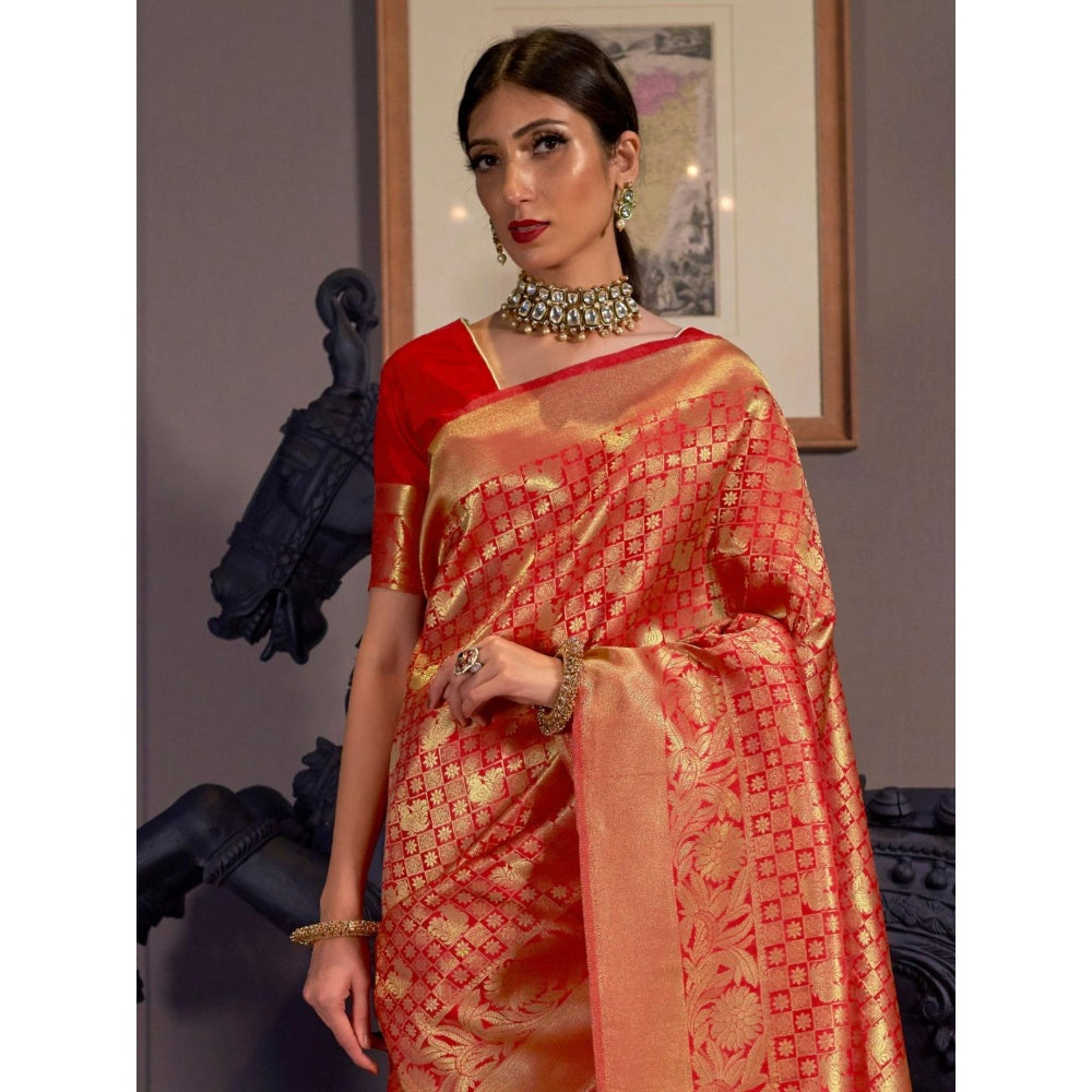 Odette Red Woven Design Silk Blend Handloom Saree with Unstitched Blouse for Women