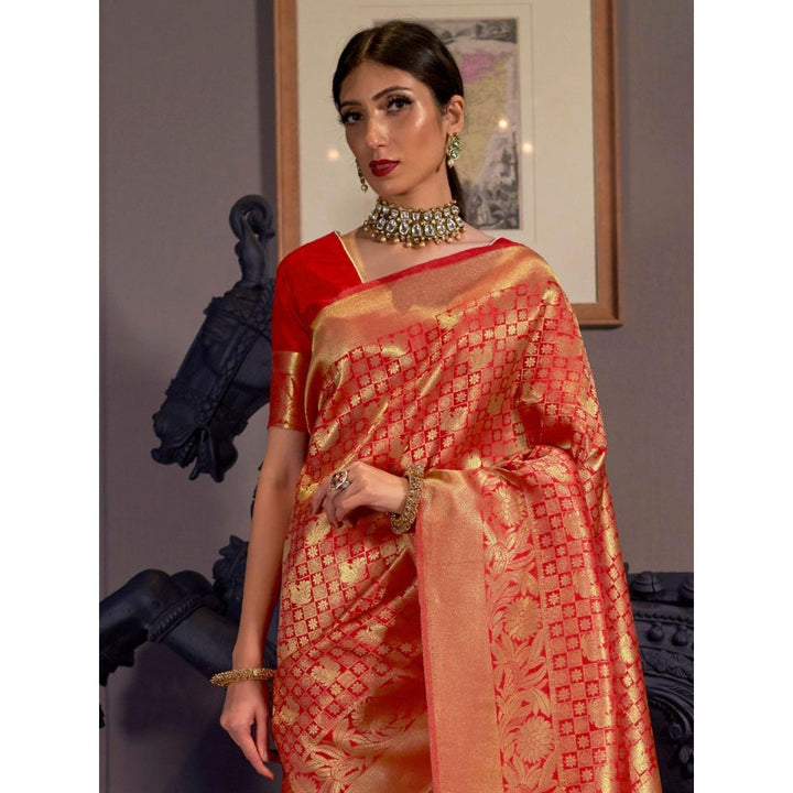 Odette Red Woven Design Silk Blend Handloom Saree with Unstitched Blouse for Women