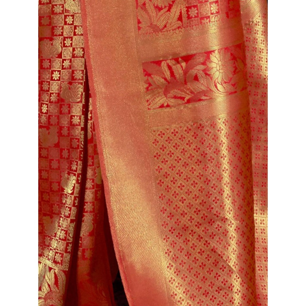 Odette Red Woven Design Silk Blend Handloom Saree with Unstitched Blouse for Women