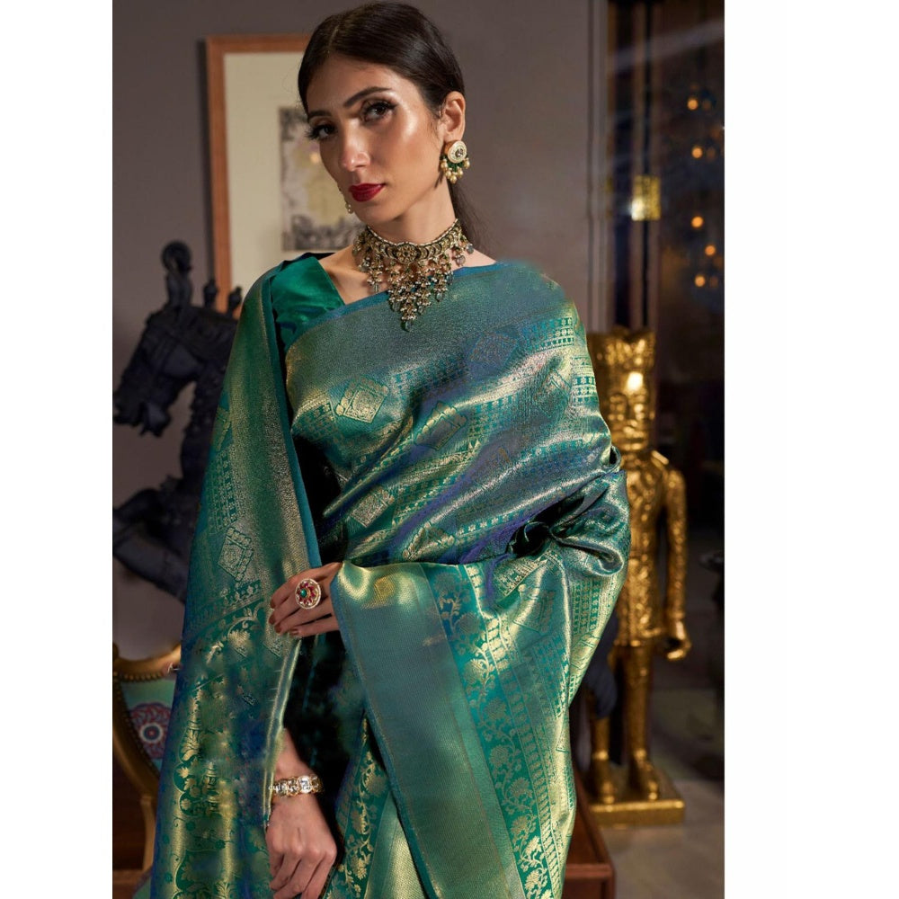 Odette Green Woven Design Silk Blend Handloom Saree with Unstitched Blouse for Women