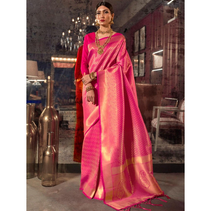 Odette Pink Woven Design Silk Blend Handloom Saree with Unstitched Blouse for Women