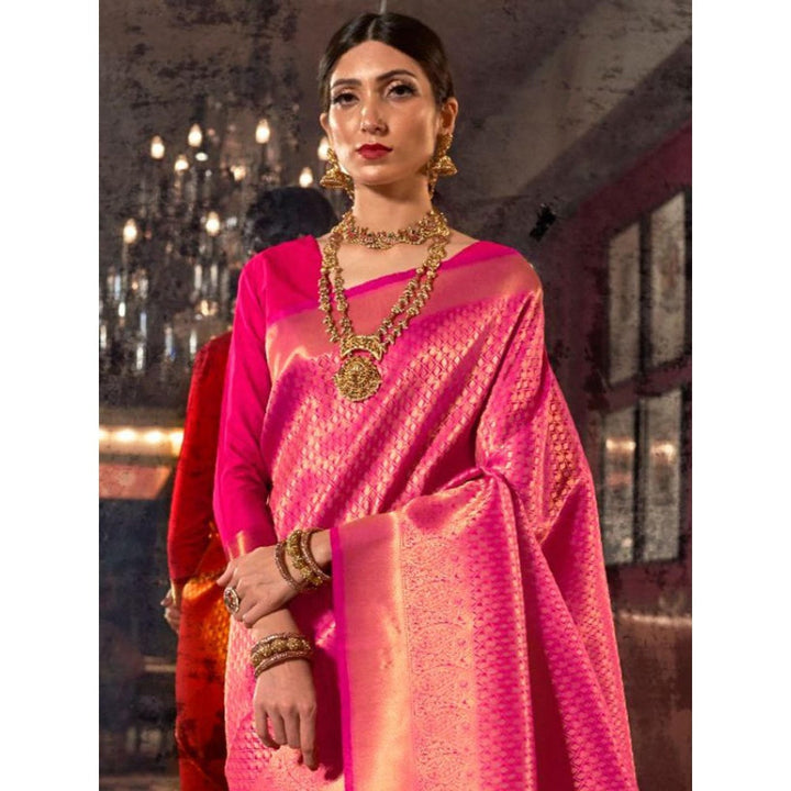 Odette Pink Woven Design Silk Blend Handloom Saree with Unstitched Blouse for Women