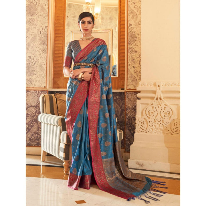 Odette Blue Woven Design Silk Blend Handloom Saree with Unstitched Blouse for Women