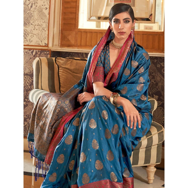 Odette Blue Woven Design Silk Blend Handloom Saree with Unstitched Blouse for Women