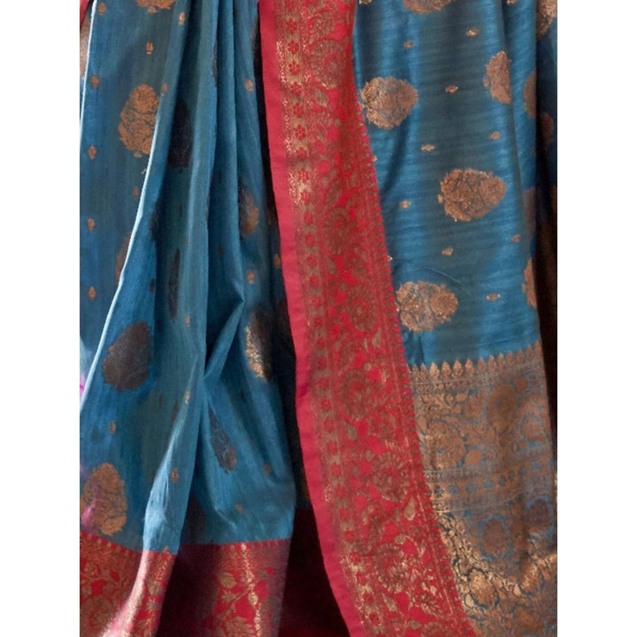 Odette Blue Woven Design Silk Blend Handloom Saree with Unstitched Blouse for Women